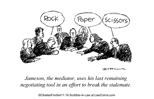 Mediation Cartoon 2 - Jameson, the mediator, uses his last remaining negotiating tool in an effort to break the stalemate. (Image of mediator and others doing Rock, Paper, Scissors at the table)