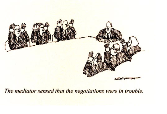 Mediation Cartoon 1- The mediator sensed that the negotiations were in trouble. (Image of one side sticking there hands in their ears and waving them while the other side is sticking their thumbs on their noses and waving them) 