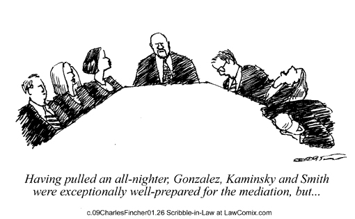 Mediation Cartoon 3 - Having pulled an all-nighter, Gonzalez, Kaminsky and Smith were exceptionally well-prepared for the mediation, but... (Image of Gonzalez, Kaminsky and Smith falling asleep at the table)